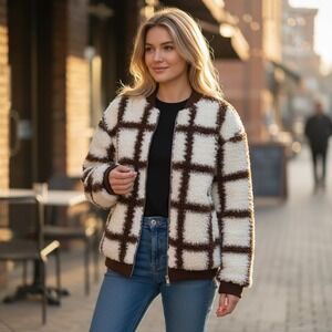 Cozy Checkerboard Teddy Fleece Pullover | Cream & Brown Sherpa Half Zip Jacket L